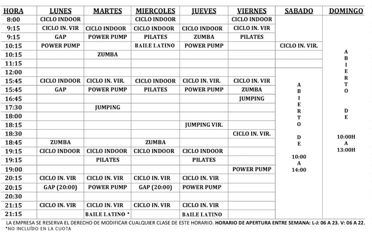Horario Urban fitness Orihuela 